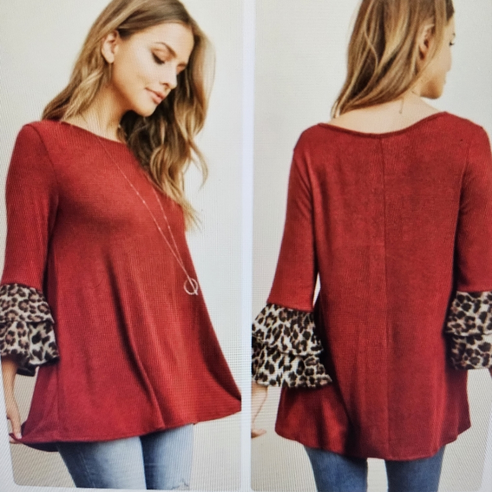 A Girl Thing Red Long Sleeve Top with Leopard Cuffs